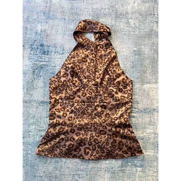 Guess Sexy Leopard Print Satin Button Front Halter Top Medium - Picture 2 of 8